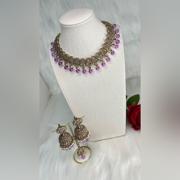 Beautiful Lavender Gold Polki Necklace With Jhumka & Tikka Set - Picture 8 of 10